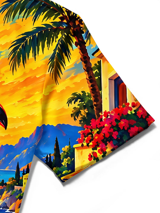 Adaychic Men's Toucan And Palm Tree Sunset Landscape Print Short Sleeve Shirt with Chest Pocket