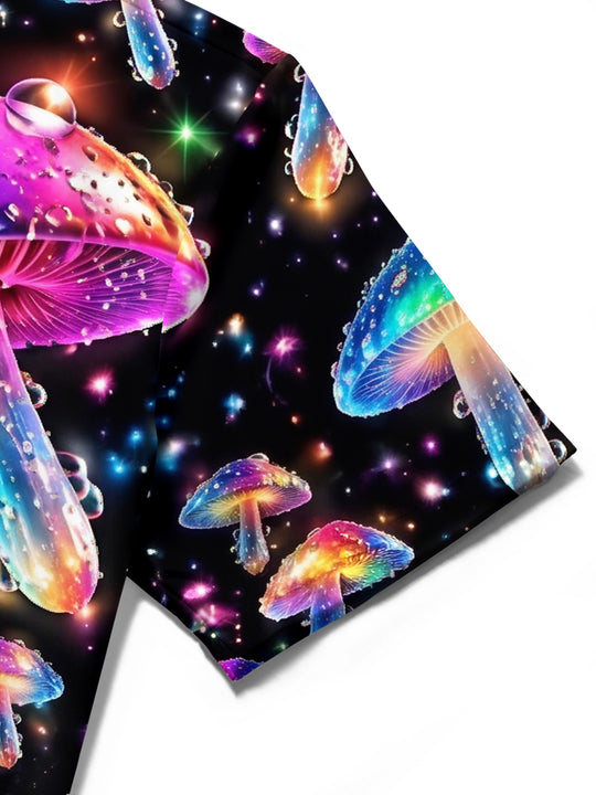 Adaychic Men's Printed Psychedelic Rainbow Mushrooms Print Short Sleeve Shirt with Chest Pocket