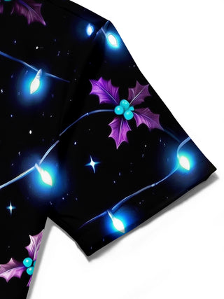 Adaychic Men's Short Sleeve Shirt - Christmas Light Strings And Holly Leaves Print with Chest Pocket