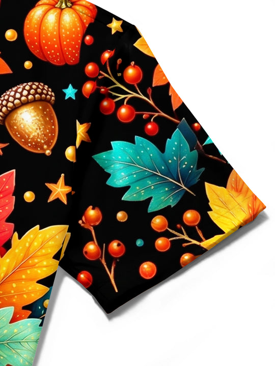 Adaychic Men's Short Sleeve Stand Collar Shirt - Hedgehog Holding A Pumpkin With Autumn Leaves Print with Chest Pocket