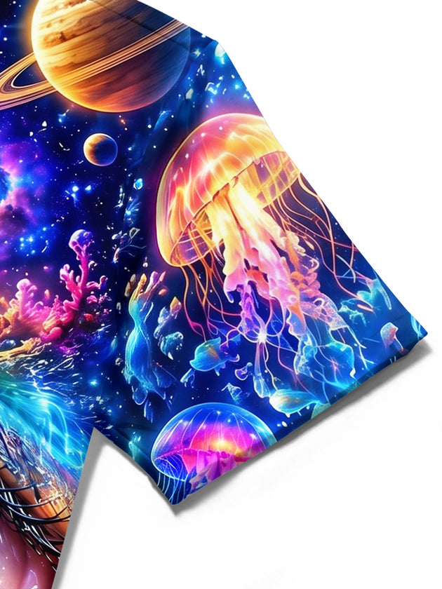 Adaychic Men's Hawaiian Cosmic Eye And Marine Life Print Short Sleeve Shirt with Chest Pocket