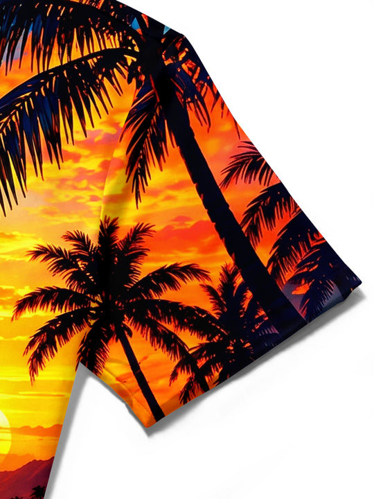 Adaychic Men's Short Sleeve Shirt - Tropical Sunset With Cocktail And Palm Trees Print with Chest Pocket