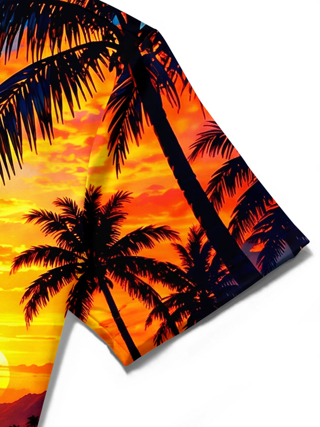 Adaychic Men's Short Sleeve Shirt - Tropical Sunset With Cocktail And Palm Trees Print with Chest Pocket