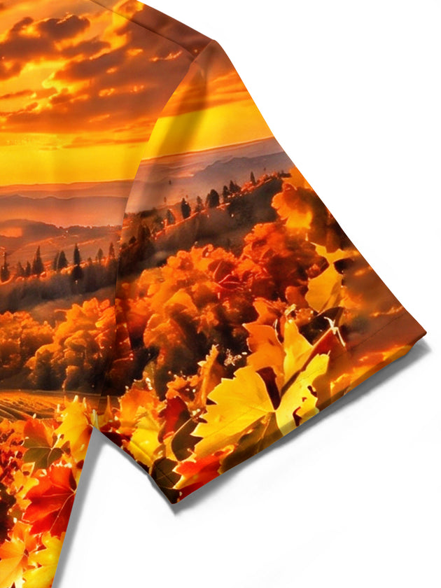 Adaychic Men's Short Sleeve Shirt - Autumn Vineyard Sunset Landscape With Grapes Print with Chest Pocket