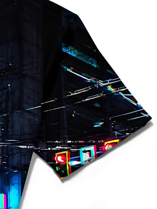 Adaychic Men's Printed Neon City Street Night Scene Print Short Sleeve Shirt with Chest Pocket