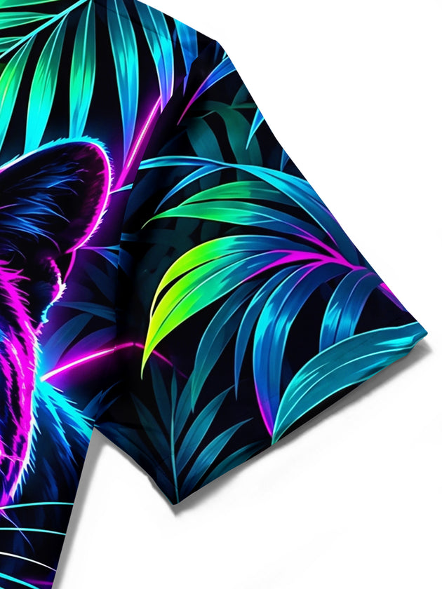 Adaychic Men's Neon Black Panther And Tropical Leaves Print Short Sleeve Shirt with Chest Pocket