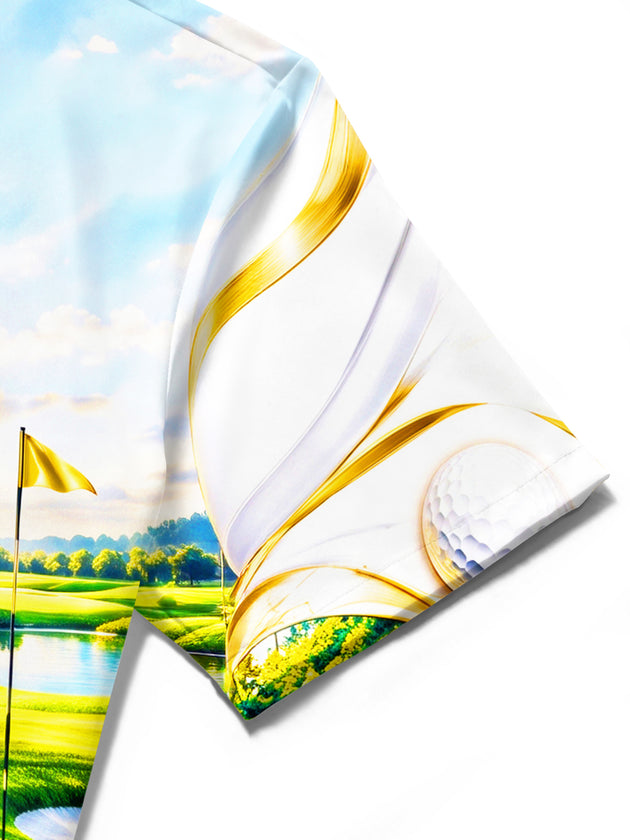 Adaychic Men's Short Sleeve Shirt - Golf Course Landscape With Golf Ball And Club Print with Chest Pocket