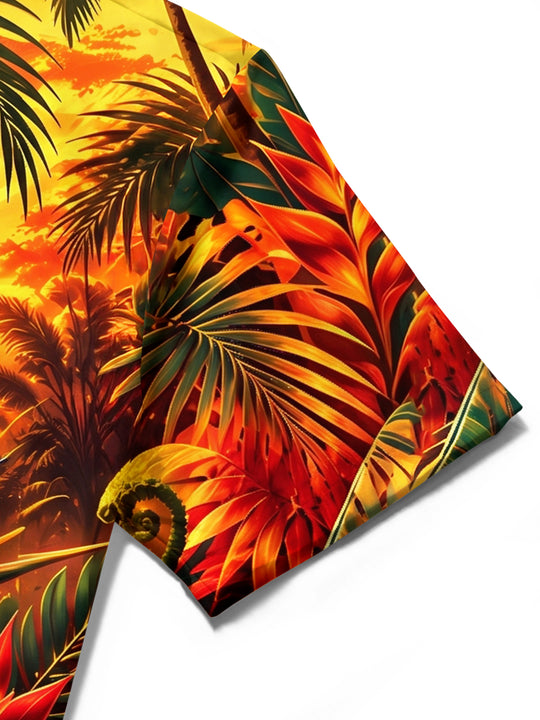 Adaychic Men's Short Sleeve Shirt - Tropical Jungle Plants And Birds Of Paradise Print with Chest Pocket