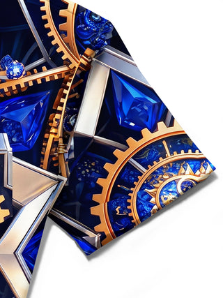 Adaychic Men's Steampunk Compass Gears And Gemstones Print Short Sleeve Shirt with Chest Pocket