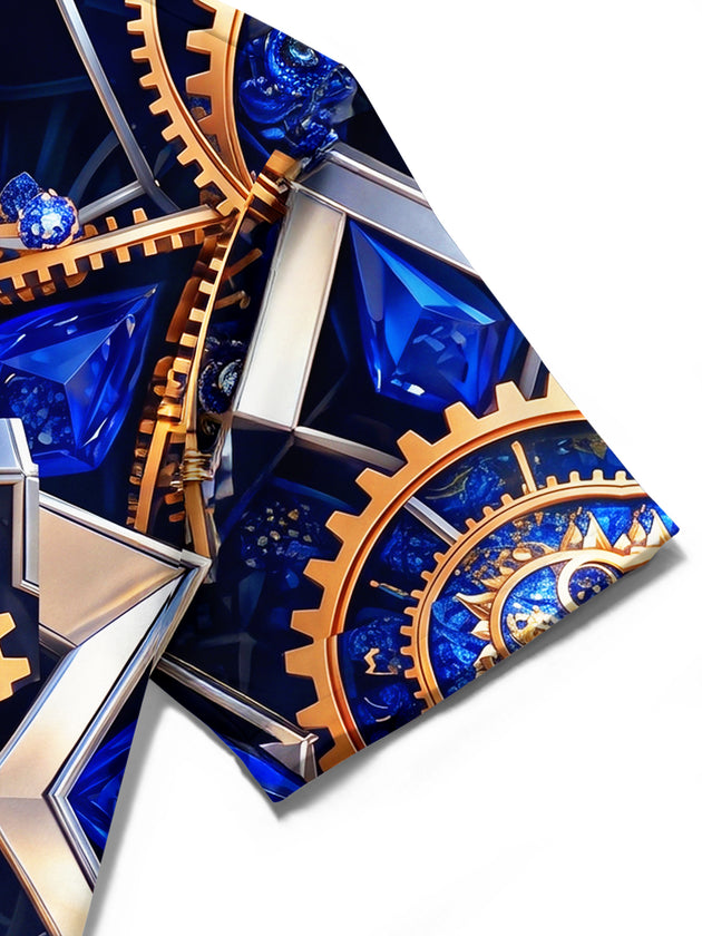 Adaychic Men's Steampunk Compass Gears And Gemstones Print Short Sleeve Shirt with Chest Pocket