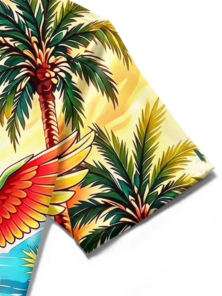 Adaychic Men's Short Sleeve Shirt - Flamingo And Parrot With Tropical Plants Print with Chest Pocket