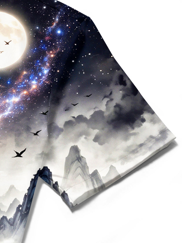 Adaychic Men's Short Sleeve Shirt - Ink Dragon And Moonlit Mountain Landscape Print with Chest Pocket