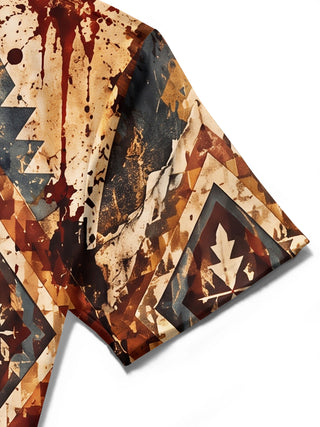 Adaychic Men's Short Sleeve Shirt - Western Cowboy On Horseback And Geometric Patterns Print with Chest Pocket