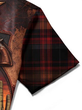 Adaychic Men's Short Sleeve Stand Collar Shirt - Western Horse And Desert Sunset Print with Chest Pocket