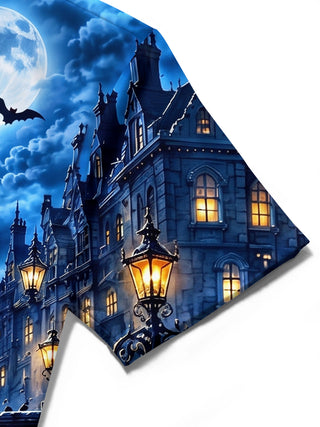 Adaychic Men's Short Sleeve Shirt - Halloween Black Panther On Bridge With Moon And Bats Print with Chest Pocket