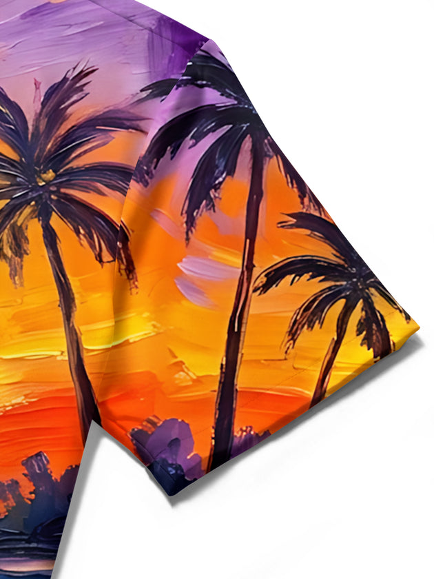 Adaychic Men's Sunset Flamingos And Palm Trees Print Short Sleeve Shirt with Chest Pocket