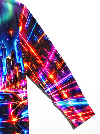 Adaychic Men's Graphic Neon Sports Car And City Skyline Print Long Sleeve Shirt with Chest Pocket
