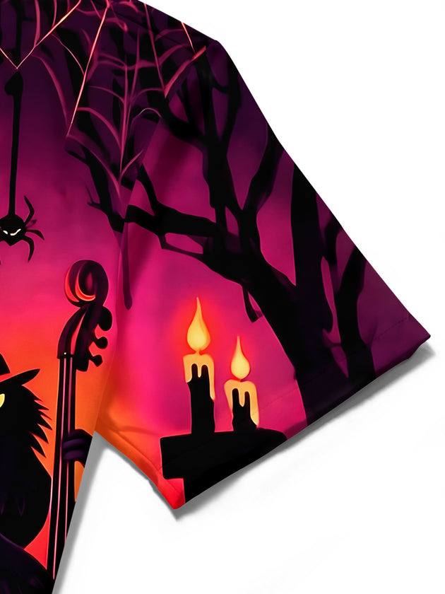 Adaychic Men's Halloween Crow Band Playing Instruments Print Short Sleeve Shirt with Chest Pocket