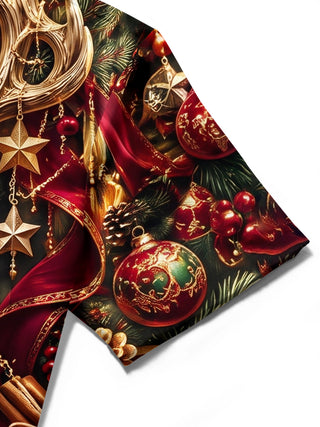 Adaychic Men's Hawaiian Christmas Elk And Ornaments Print Short Sleeve Shirt with Chest Pocket