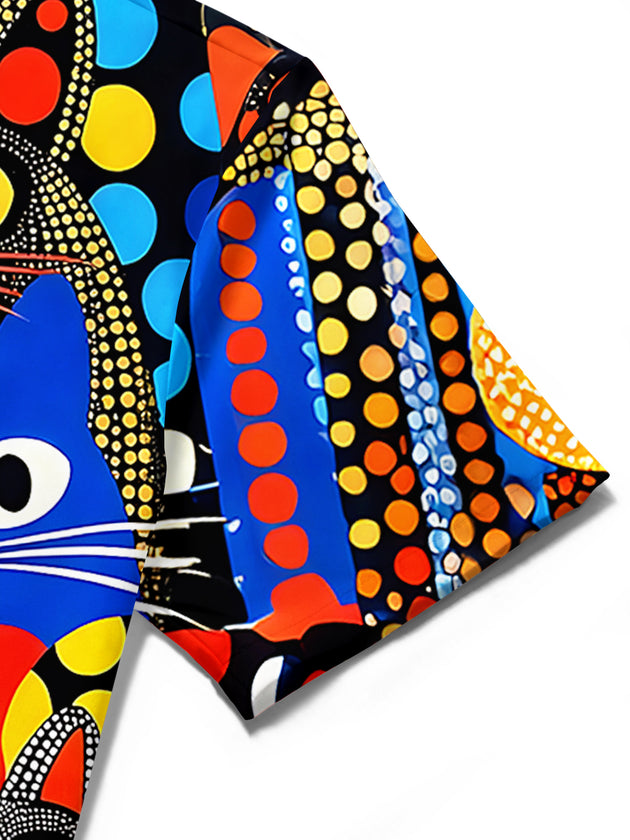 Adaychic Men's Hawaiian Colorful Cat Faces Print Short Sleeve Shirt with Chest Pocket