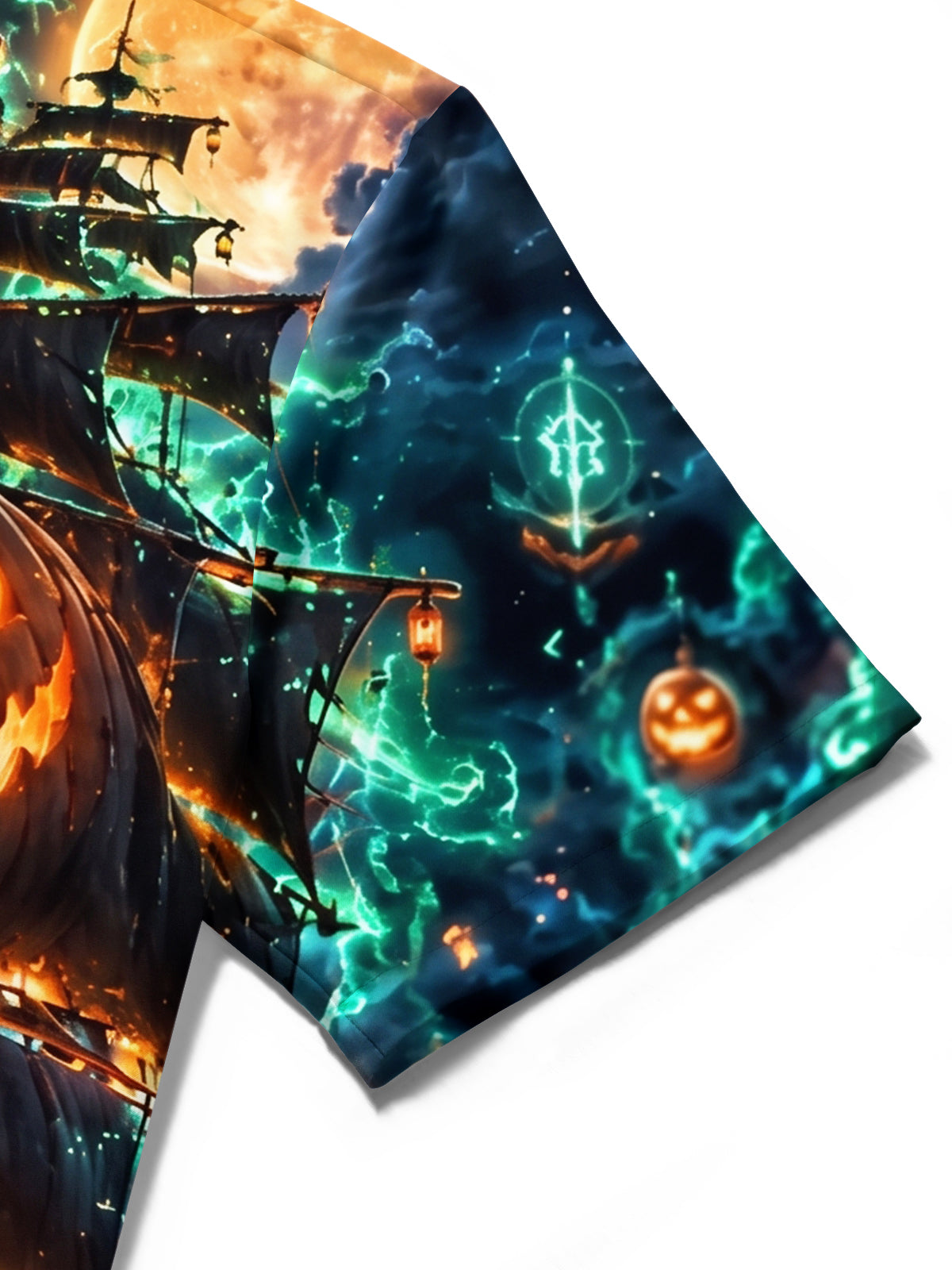 Adaychic Men's Graphic Halloween Pumpkin Ghost Ship Print Short Sleeve Shirt with Chest Pocket