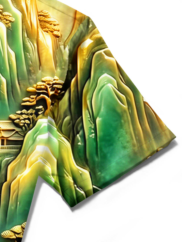 Adaychic Men's Short Sleeve Shirt - Asian Landscape With Mountains And Waterfall Print with Chest Pocket