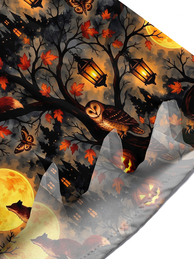 Adaychic Men's Short Sleeve Shirt - Halloween Foxes And Owls In Moonlit Forest Print with Chest Pocket