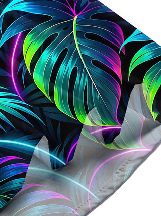 Adaychic Men's Neon Black Panther And Tropical Leaves Print Short Sleeve Shirt with Chest Pocket