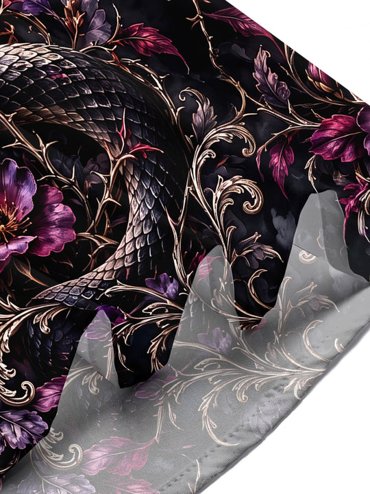 Adaychic Men's Dark Snake And Purple Flowers With Moon Print Short Sleeve Shirt with Chest Pocket