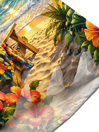 Adaychic Men's Short Sleeve Shirt - Beach Sunset Scenery With Palm Trees And Hibiscus Flowers Print with Chest Pocket
