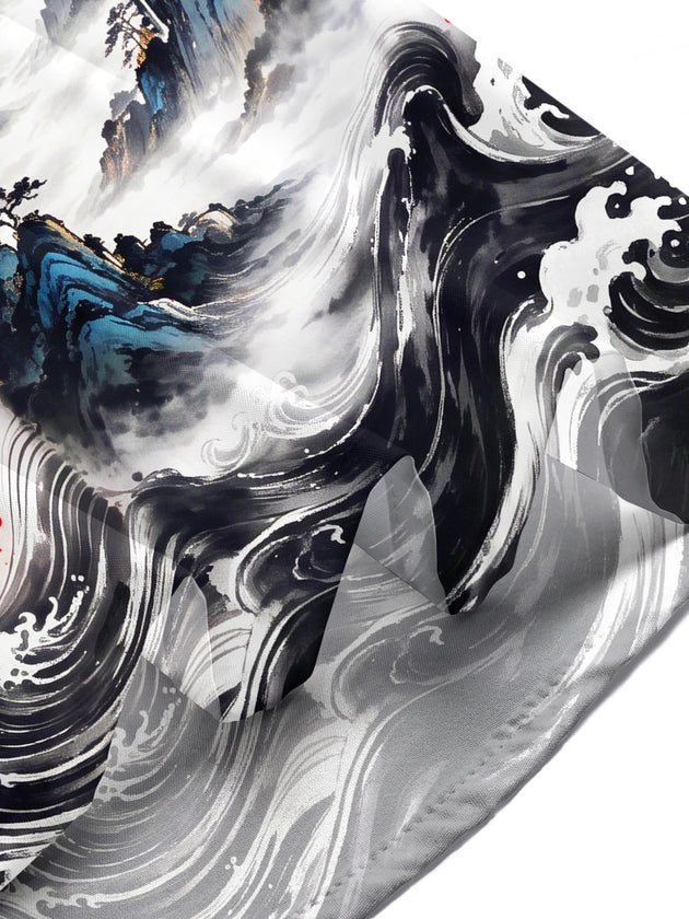 Adaychic Men's Short Sleeve Shirt - Ink Dragon And Moonlit Mountain Landscape Print with Chest Pocket