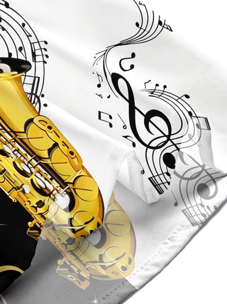 Adaychic Men's Hawaiian Saxophone Print Musical Notes Print Short Sleeve Shirt with Chest Pocket