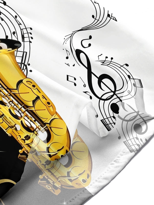 Adaychic Men's Hawaiian Saxophone Print Musical Notes Print Short Sleeve Shirt with Chest Pocket