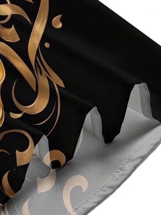 Adaychic Men's Gold Baroque Scroll And Leaf Pattern Short Sleeve Shirt with Chest Pocket