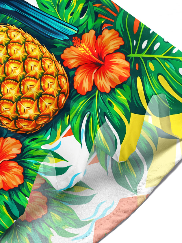 Adaychic Men's Hawaiian Blue Pelican And Pineapple Print Short Sleeve Shirt with Chest Pocket