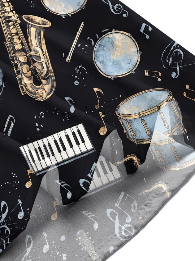 Adaychic Men's Hawaiian Musical Instruments Print Short Sleeve Shirt with Chest Pocket