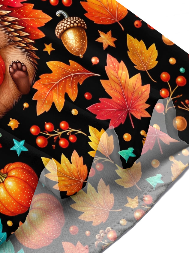 Adaychic Men's Short Sleeve Stand Collar Shirt - Hedgehog Holding A Pumpkin With Autumn Leaves Print with Chest Pocket