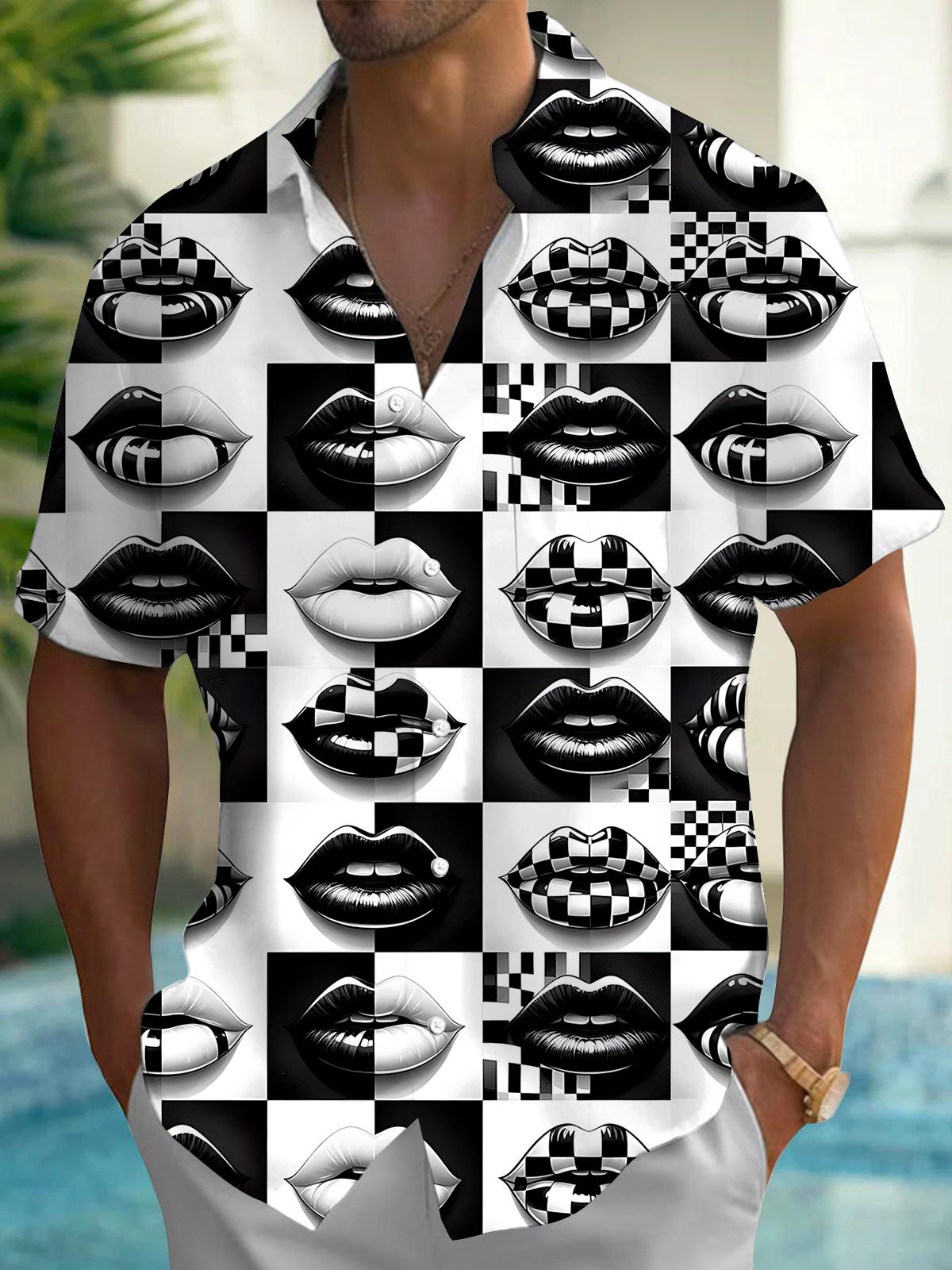 Black White Lips Print Men's Pocket Short Sleeve Shirts