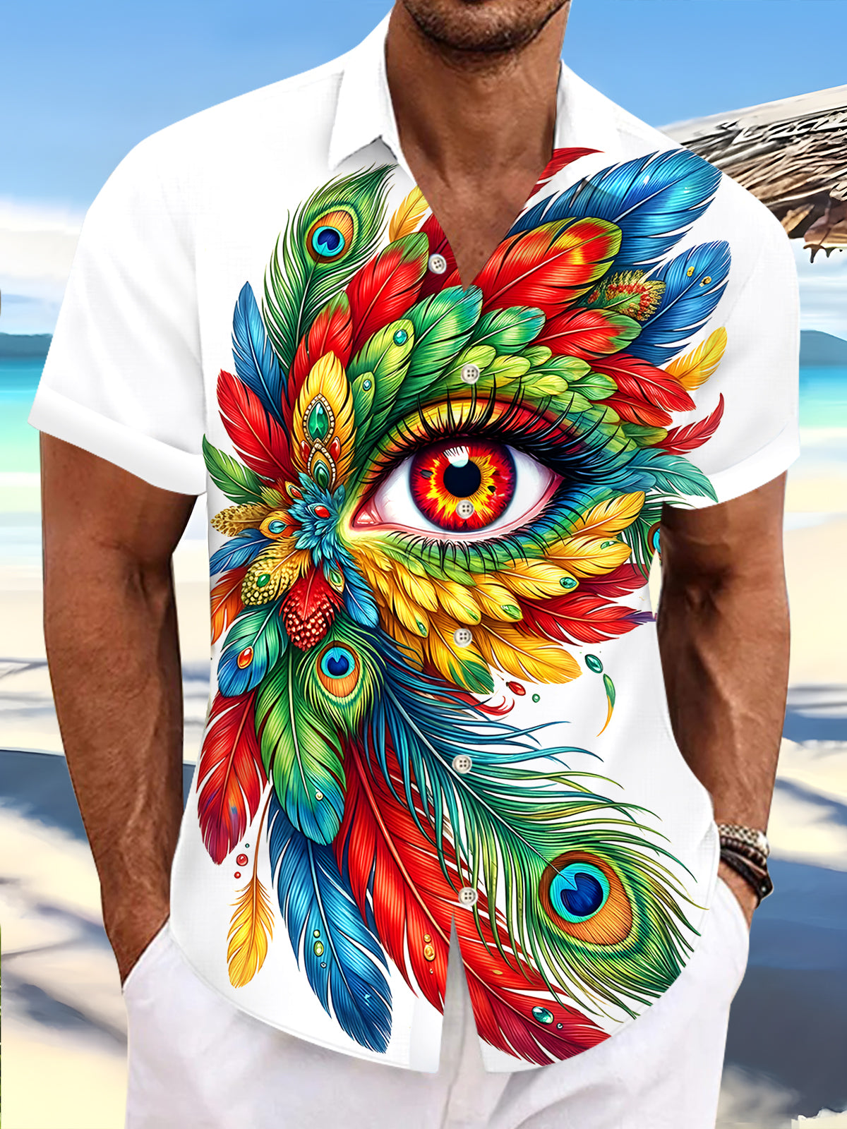men's peacock print shirt front view
