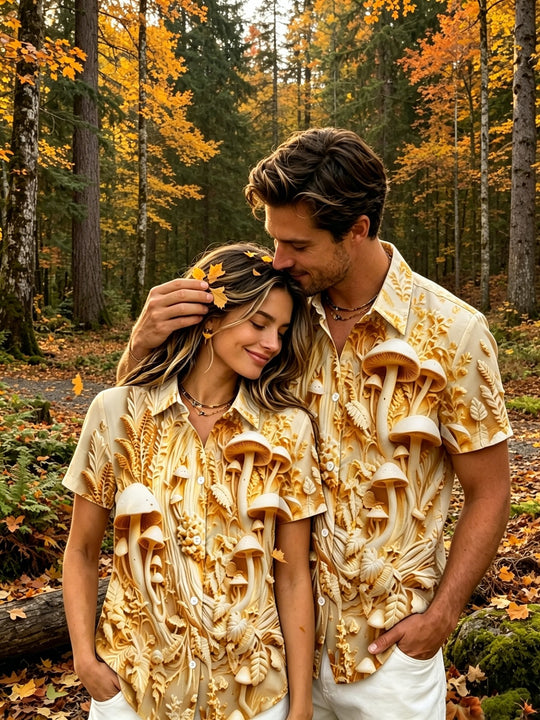 matching couples mushroom print shirt front view