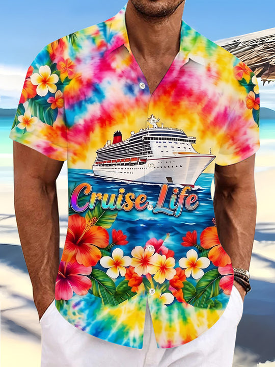 Hawaiian Colorful Tie-Dye Cruise Life Vacation Men's Pocket Short Sleeve Shirts