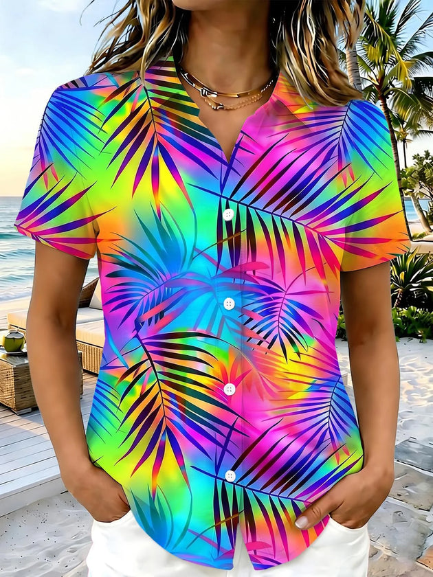 Adaychic Rainbow Tropical Palm Print Matching Couple Short Sleeve Button Down Shirts