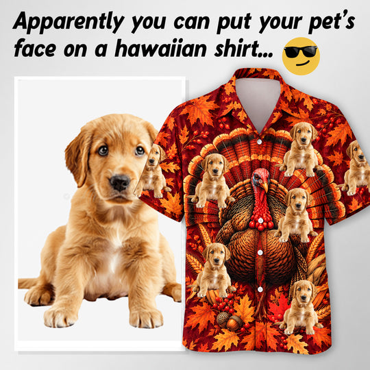 Adaychic Men Thanksgiving Turkey, Autumn Leaves & Custom Dog Photo Print Button Down Shirt