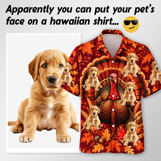 Adaychic Men Thanksgiving Turkey, Autumn Leaves & Custom Dog Photo Print Button Down Shirt