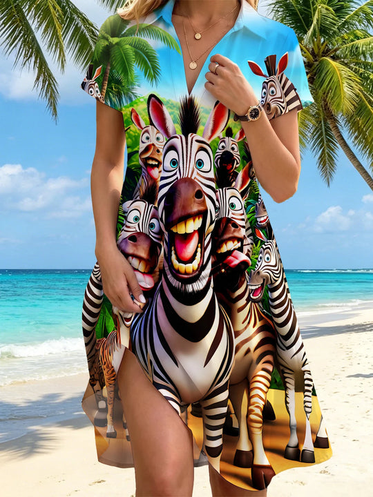 Adaychic 3D Cartoon Zebra Beach Matching Couple Short Sleeve Shirt and Dress