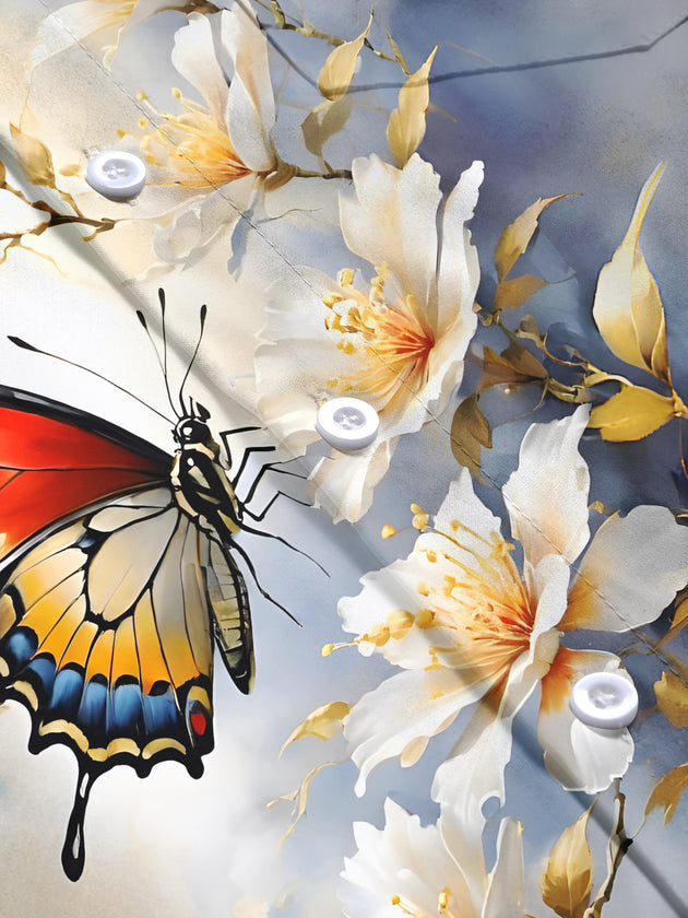 Men's floral butterfly short sleeve shirt flat lay pattern