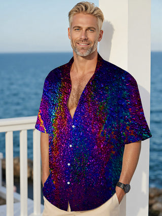 Men's abstract rainbow color texture short sleeve shirt front view