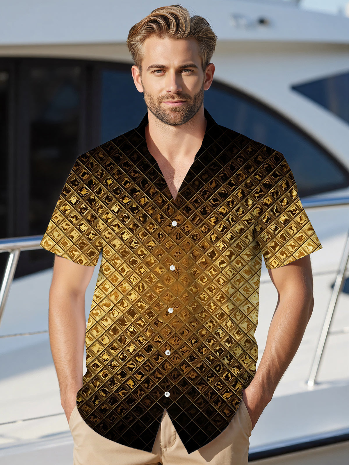 Gold Geometric Gradient Print Men's Pocket Short Sleeve Shirts