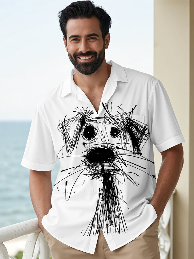 men's short sleeve dog print pocket shirt front view