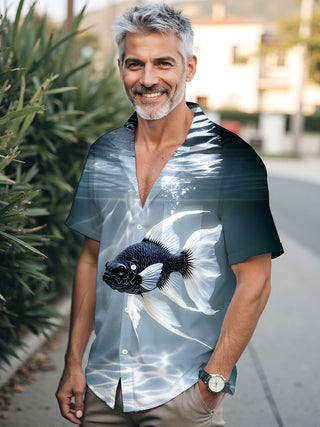 Men's blue fish print short sleeve Hawaiian shirt front view for tropical beach vacation